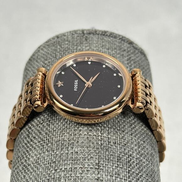 Fossil Watch Womens 28mm Rose Gold Tone Black Glitter Dial Star New Battery - Picture 2 of 10